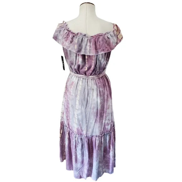 Lulus Dazed Purple Multi Tie-Dye Ruffled Off-the-Shoulder Midi Dress M - Picture 10 of 11